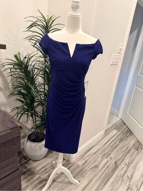 XSCAPE Elegant Off-Shoulder Ruched Sheath Dress, Royal Blue NWT